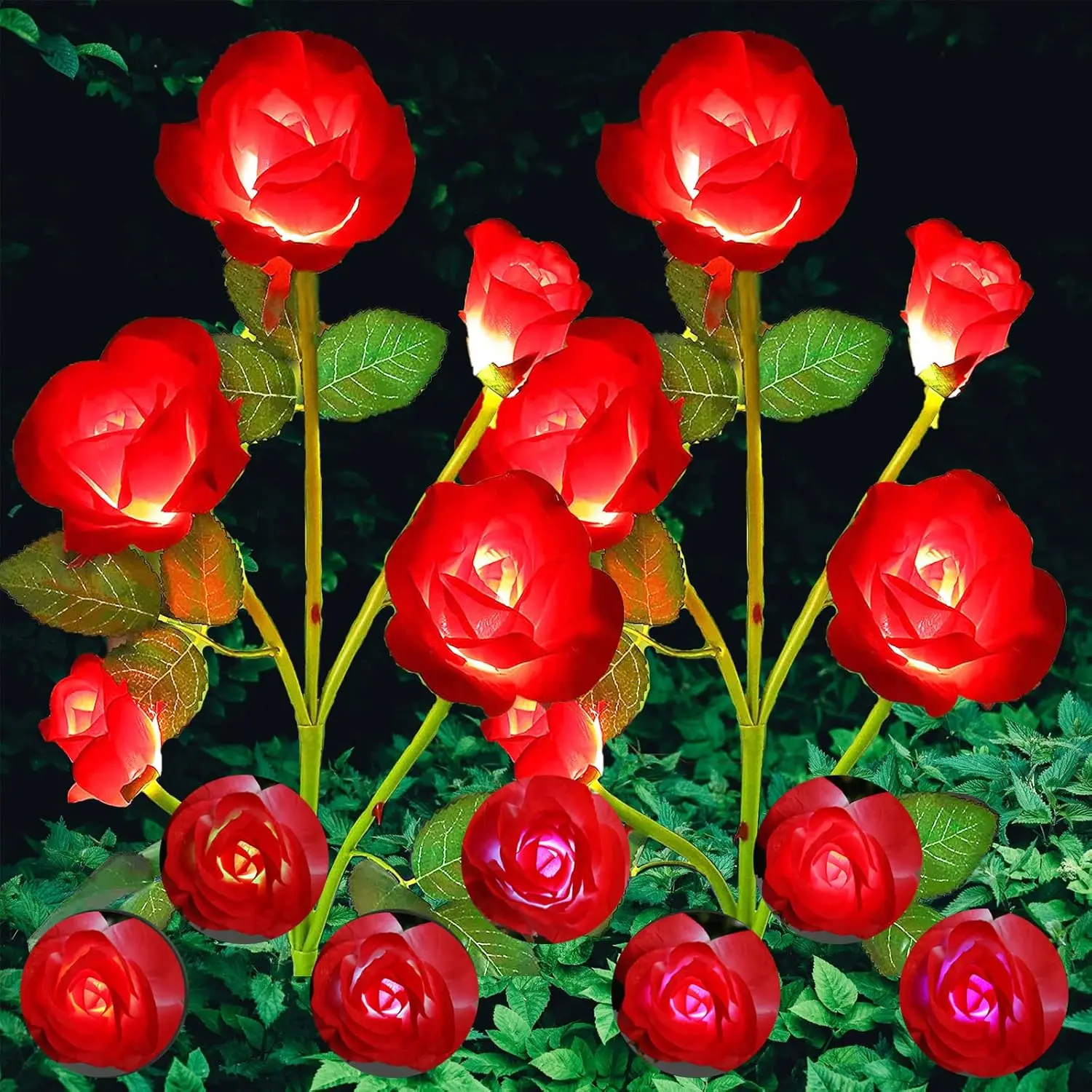 2 Pack Solar Garden Lights Valentine's Day Decoration, Solar Flower Lights Outdoor Waterproof with 10 Head Red Rose 7-Color Changing Landscape Light for Pathway Garden Patio Yard