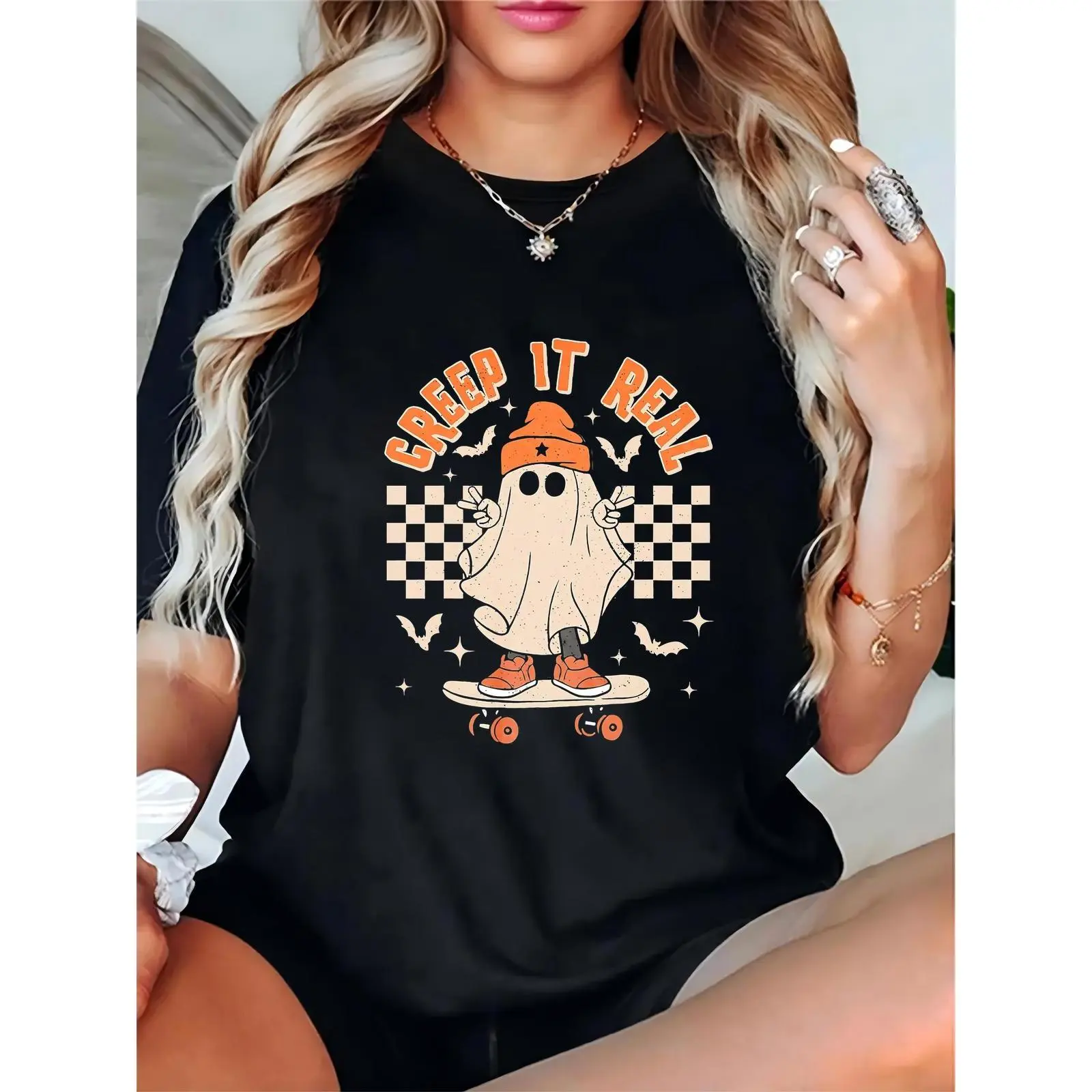 Women's Round Neck Ghost Character Halloween T-Shirt - 100% Cotton Lightweight Breathable Short-Sleeve Casual "Creep It Real" Streetwear Top, Tshirt, Skirts, Fit, Crew Neck, Ghost Print, Pure Cotton, Graphic