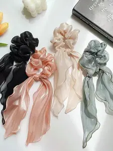 Solid Color Ribbon Decor Hair Tie Hair Scrunchie (4pcs/set), Elegant Ruched Design Scarf Hair Accessories for Women & Girls, Minimalist Headwear Suitable for Thick Hair, Ruffled Pretty Bow Scrunchies for Hair
