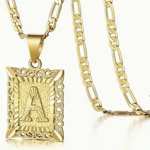 Letter Pendant Necklace for Men Womens, 18K Gold Plated Square Capital Monogram Necklace Alhpabets from A-Z Figaro Chain Necklace,Slim Square Initial Letter Pendant Chain,18K Gold Plated Letter A Square Pendant Necklace Initial Chain Men Women Gift