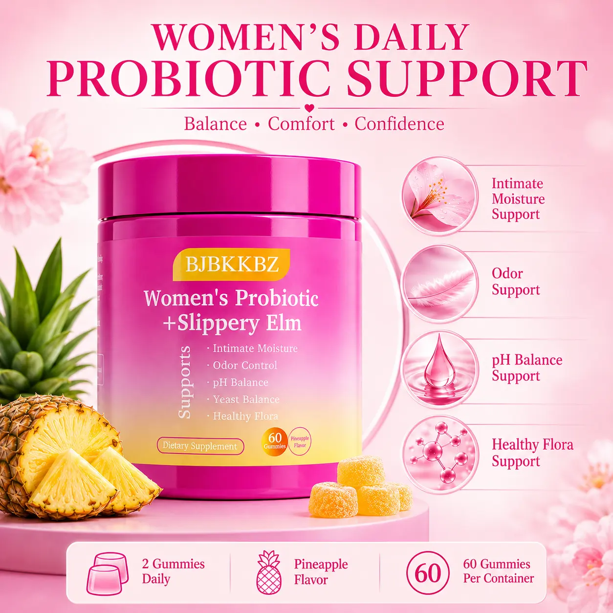 BJBKKBZ Women's Probiotic Supplement Gummies with Slippery Elm & Prebiotics, Women Probiotics for Odor and pH Balance & Intimate Comfort, Hawaiian Pineapple Flavor, 60 Count