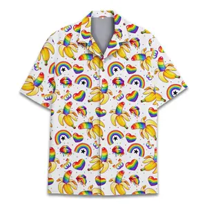 LGBT Pride Hawaiian Shirt for Men Women, Rainbow Banana Fun Print, Colorful Aloha Button Down Shirt, Summer Festival Outfit