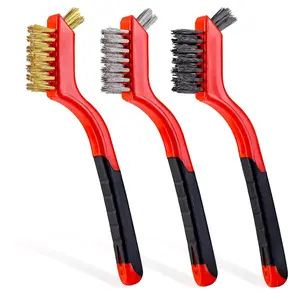 Wire Brush Set 3Pcs - Nylon/Brass/Stainless Steel Bristles with Curved Handle Grip for Rust, Dirt & Paint Scrubbing with Deep Cleaning 7 Inc(Red) Pack