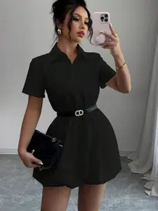Women's Elegant Solid Color Short Sleeve Shirt Mini Dress Casual Office Outfit