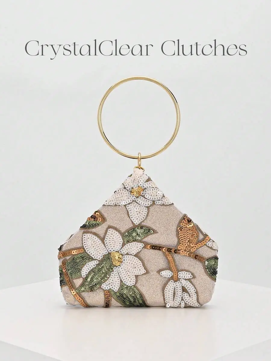 Sparkling Multi-Color Floral Clutch Bag for Women, Vintage Chain Crossbody Mini Box Purse for Wedding, Party