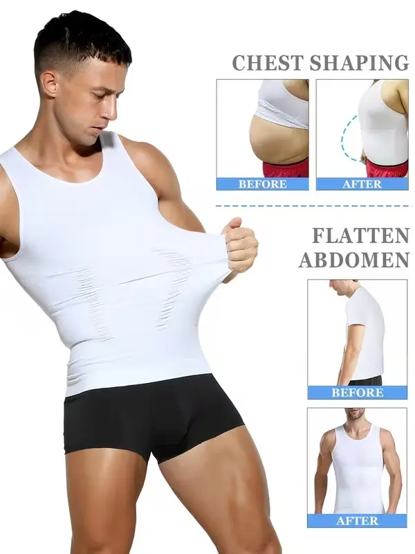 Sleeveless Body Shaper with Neoprene Filler, 5-Pack Men'S Compression Shirts - Tummy Control Waist Trainer Vest, Medium Stretch Athletic Base Layer for Workout & Casual Wear, Ruched Design for Enhanced Support, All-Season Slimming Shapewear, Waist Trainer