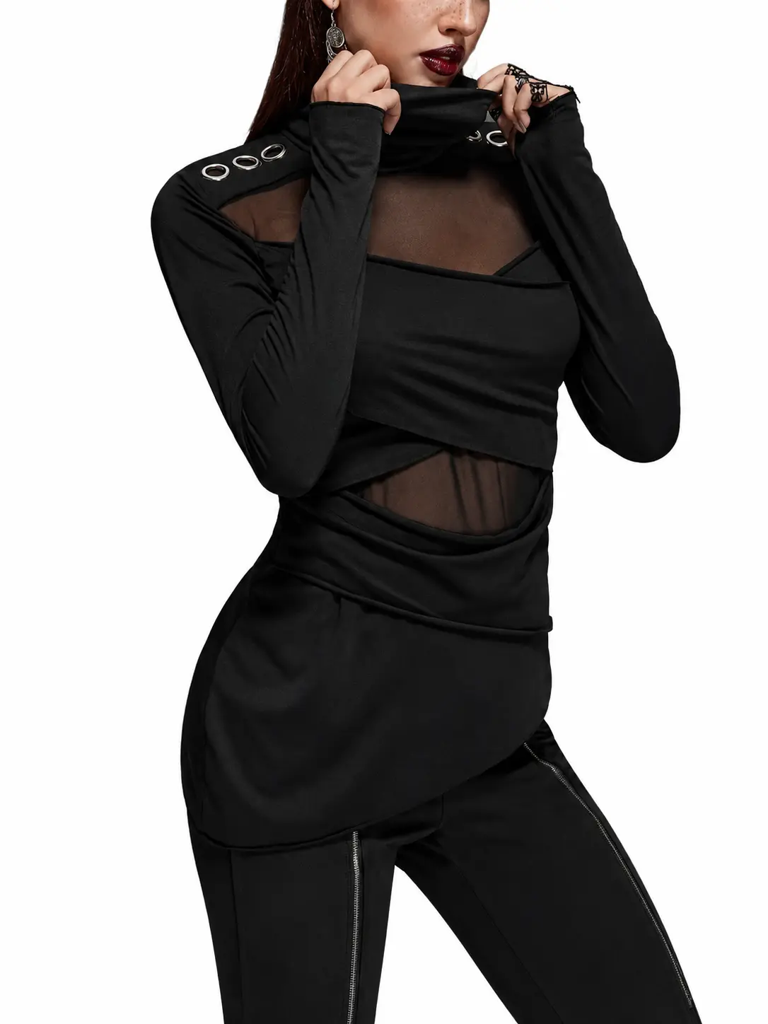 Rosegal Women's Gothic Blouse, Ruched High Neck Fitted Shirt with Asymmetrical Mesh Long Sleeves and Grommets, Sleeve, Top