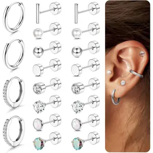 Jstyle Hypoallergenic Earrings for Sensitive Ears-20G Flat Back Earrings for Women Men-Small Surgical Steel Stud Earrings Huggie Hoop Cartilage Nap Earring Sets