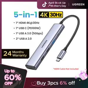 UGREEN USB C Hub 5 in 1 Multiport Adapter（HDMI Cable Not Included) Revodok 105 4K HDMI, 100W Power Delivery, 3 USB-A Data Ports, USB C Dongle for MacBook Pro/Air, iPad Pro, iMac, iPhone 16 Pro/Pro Max, XPS, Thinkpad,,tiktokshopstockup,mothersdaygift