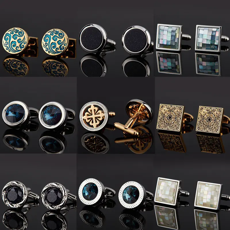 Elegant Male Stainless Steel & Copper Cufflinks Set - Mixed Styles with Crystal, Shell, Enamel Details for Formal Business, Wedding Shirts