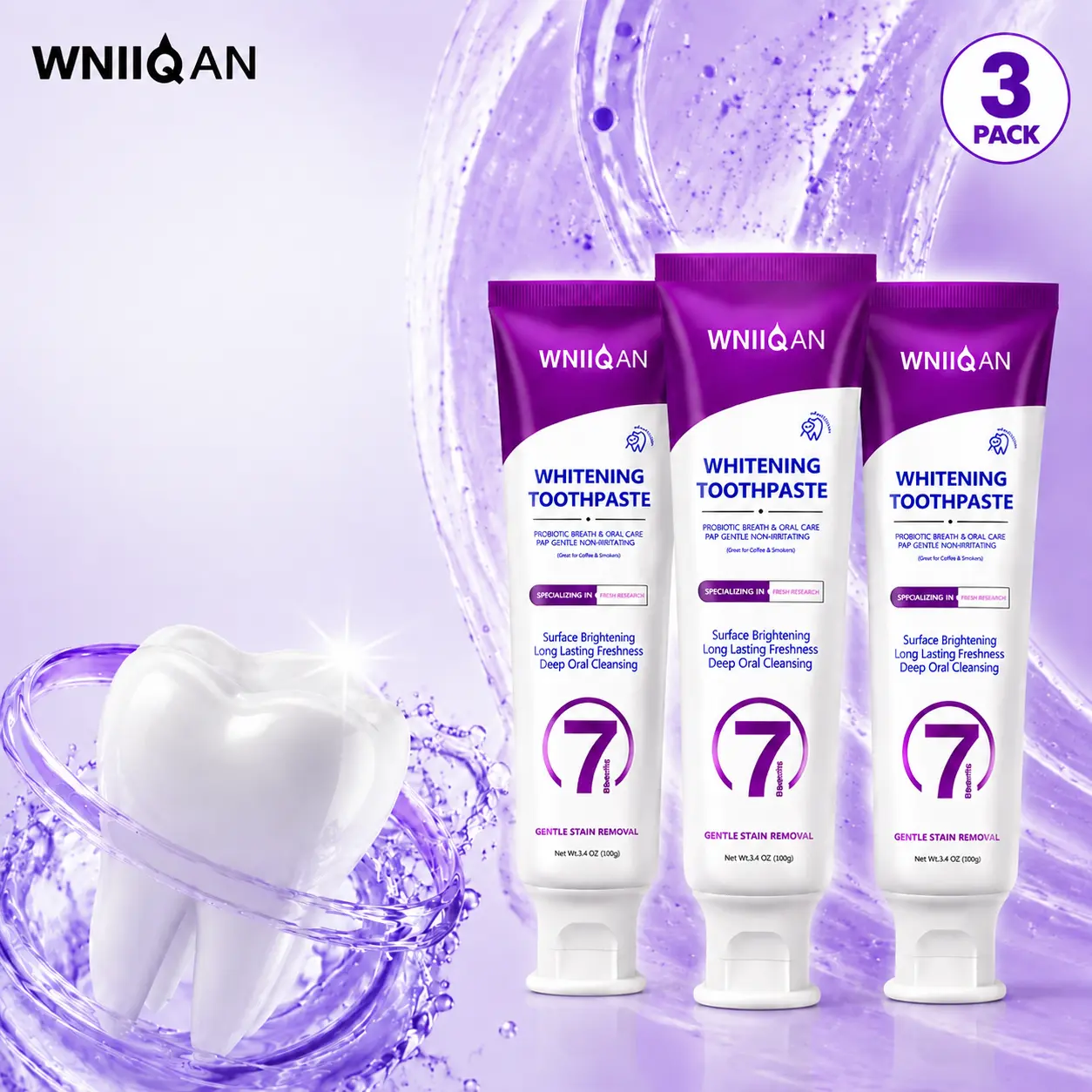 WNIIQAN Purple Whitening Toothpaste, Probiotic Breath & Oral Care, Gentle Stain Care, Deep Oral Cleaning, Long-Lasting Fresh Breath, Daily Oral Care Toothpaste, 3 Pack