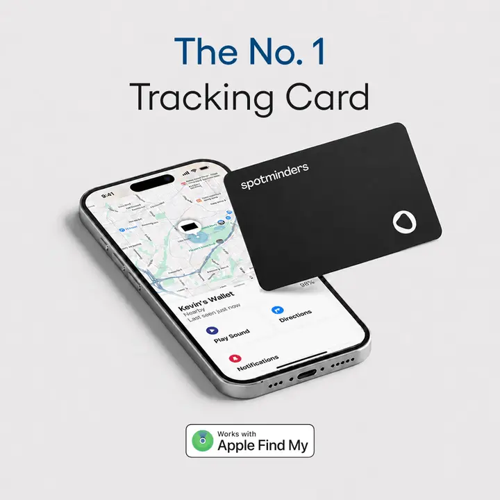 SPOTMINDERS Apple MFi Certified Wallet Tracker Card for Travel Black - Works with Apple Find My, IP68 Waterproof Rechargeable Tracking Card for Wallet Luggage Passport Purse - Ultra Slim 0.07in Item Finder