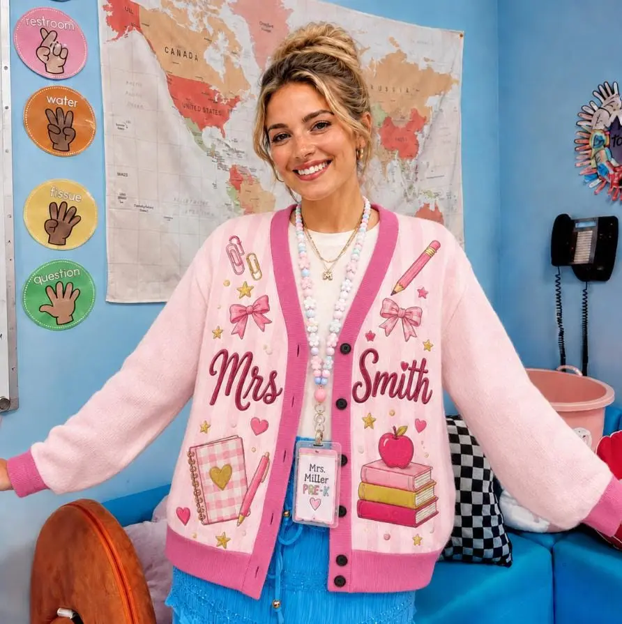 Personalized Teacher Name Cardigan, Custom Mrs Name Sweater, Back to School Teacher Cardigan