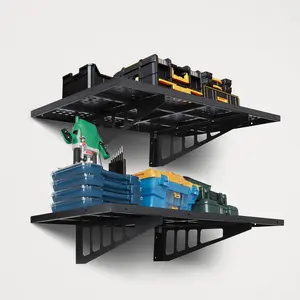 2-Pack Garage Wall Shelves, 1x6 ft Floating Metal Storage Racks with 4 Hooks, Up to 600 lbs Total (280–300 lbs Each Shelf), Cold-Rolled Steel, Powder-Coated, for Garage/Laundry/Shop