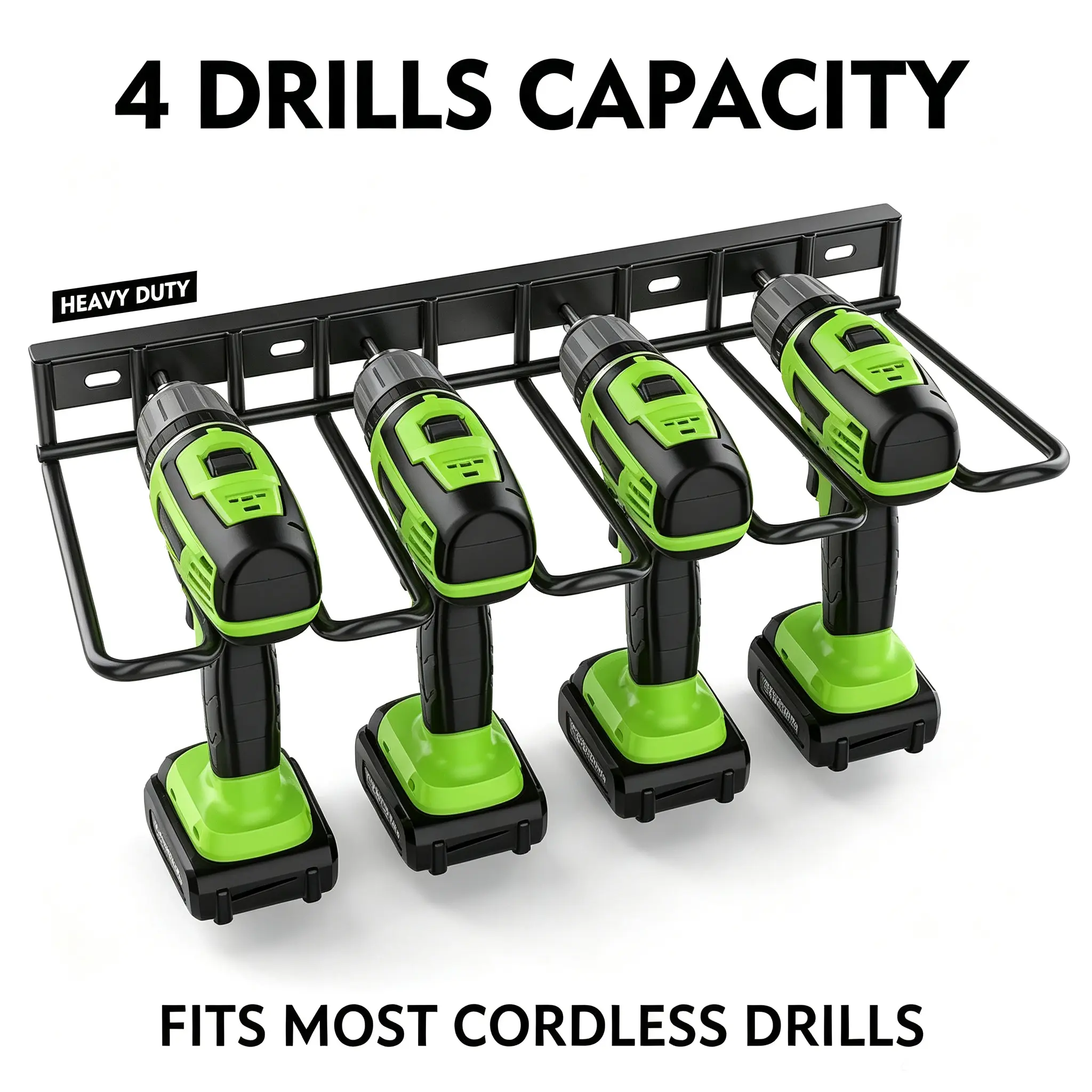 Heavy Duty Solid Steel Tool Organizer - 4-Slot Anti-Slip Wall Mount Drill Rack with Curved Brackets, Pegboard Compatible, Standard Size for Most Cordless Drills, Space-Saving for Mechanics, Workshop Use, Easy to Clean (Wipe with Damp Cloth), Construction