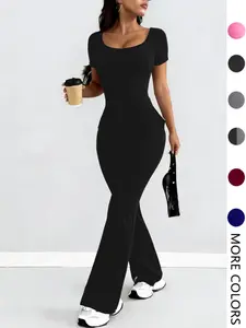 Women's Plain Pocket Short Sleeve Long Pants Beach Jumpsuit, Sexy Fitted Casual One-Piece for All Seasons, European & American Style, Womenswear, European Influence