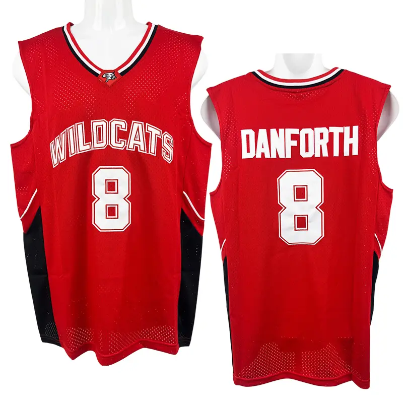Men's High School Wildcats #8 Danforth Embroidered Basketball Jersey - Customizable Name Option Red Sports Top, Sporty Chic, Game Day, Male, Cold Wash, Cotton, Drip Dry, Dry Clean, Embroidery, Flat Dry