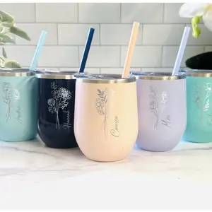Personalized Wildflower Laser Engraved 12oz Stainless Steel Wine Tumbler with Straw Bridesmaid Gift Wedding Party Bachelorette Girls Trip Portable Drinkware Flasks Lid Stylish Bottled Mug