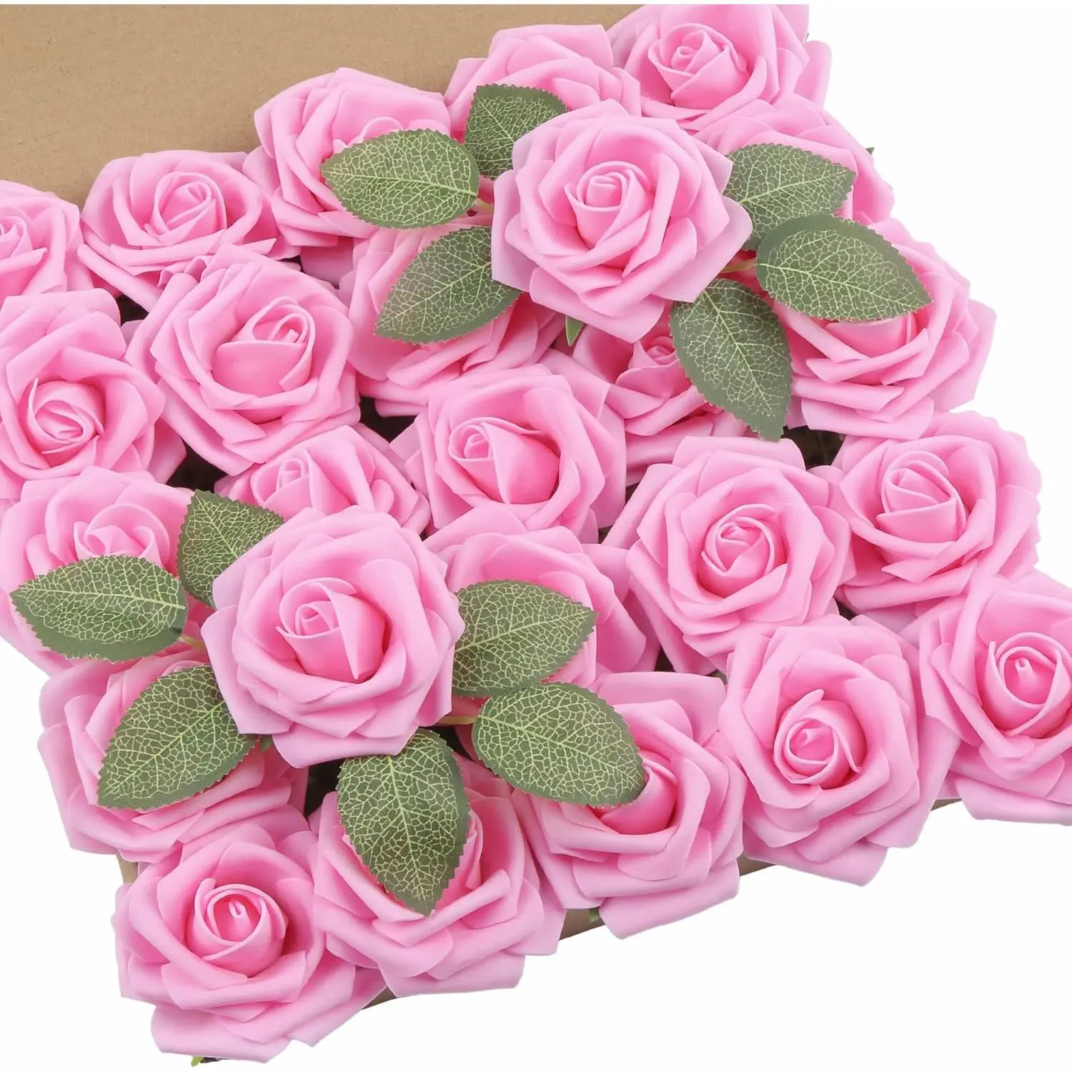 25Pcs Real Touch Foam Artificial Roses with Stems & Leaves, Cream Floral Decor for DIY Wedding Bouquet, Daily Home Decor, Carnival & Juneteenth Arrangements