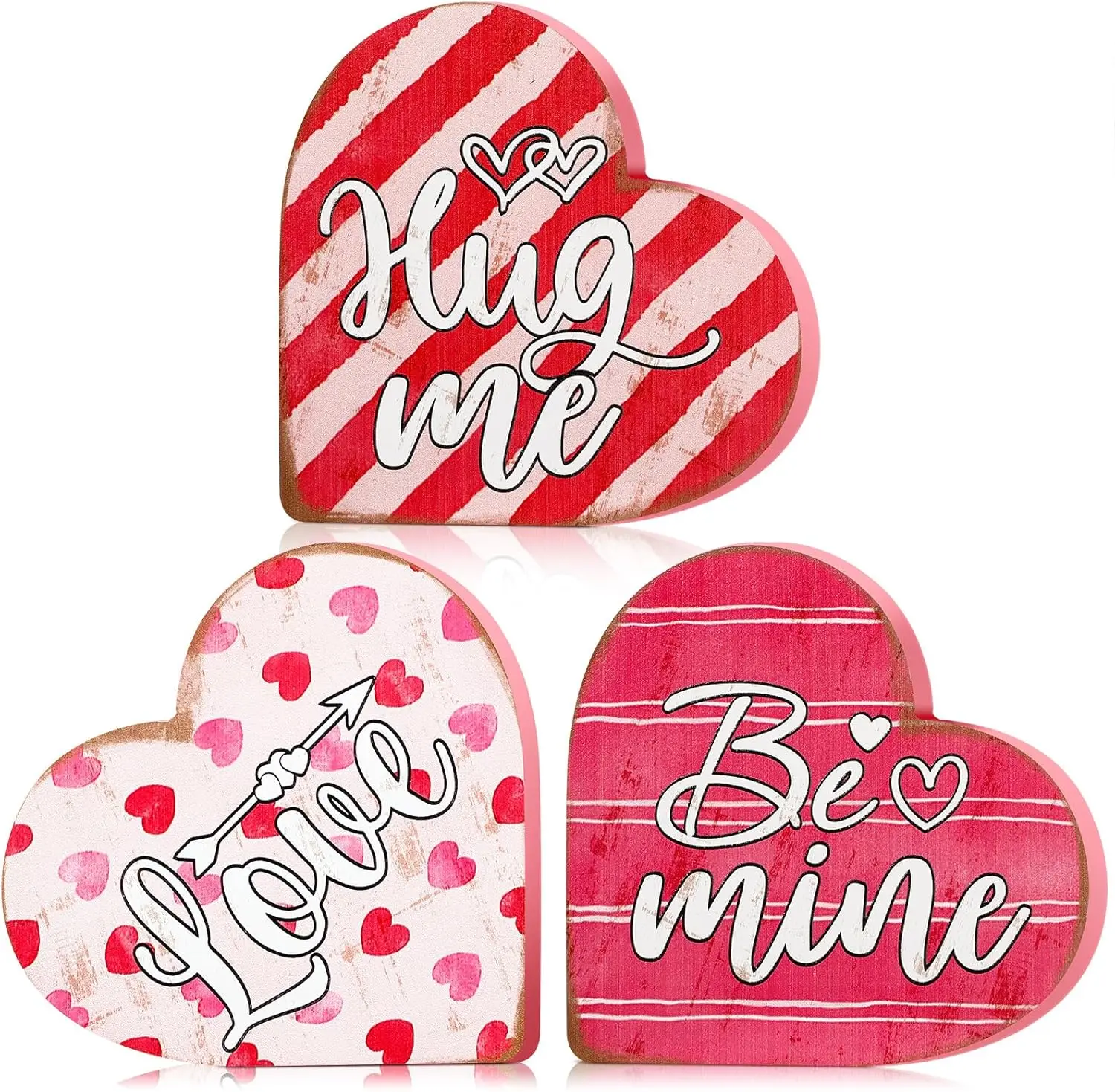 3 Pcs Valentine's Day Decorations for Home Valentines Wood Heart Block Sign Hug Me Be Mine Table Decor Rustic Farmhouse Pink Love Centerpieces for Tiered Tray Wedding Anniversary Party Shelf