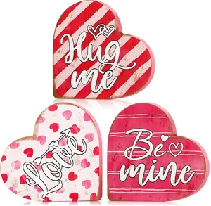 3 Pcs Valentine's Day Decorations for Home Valentines Wood Heart Block Sign Hug Me Be Mine Table Decor Rustic Farmhouse Pink Love Centerpieces for Tiered Tray Wedding Anniversary Party Shelf
