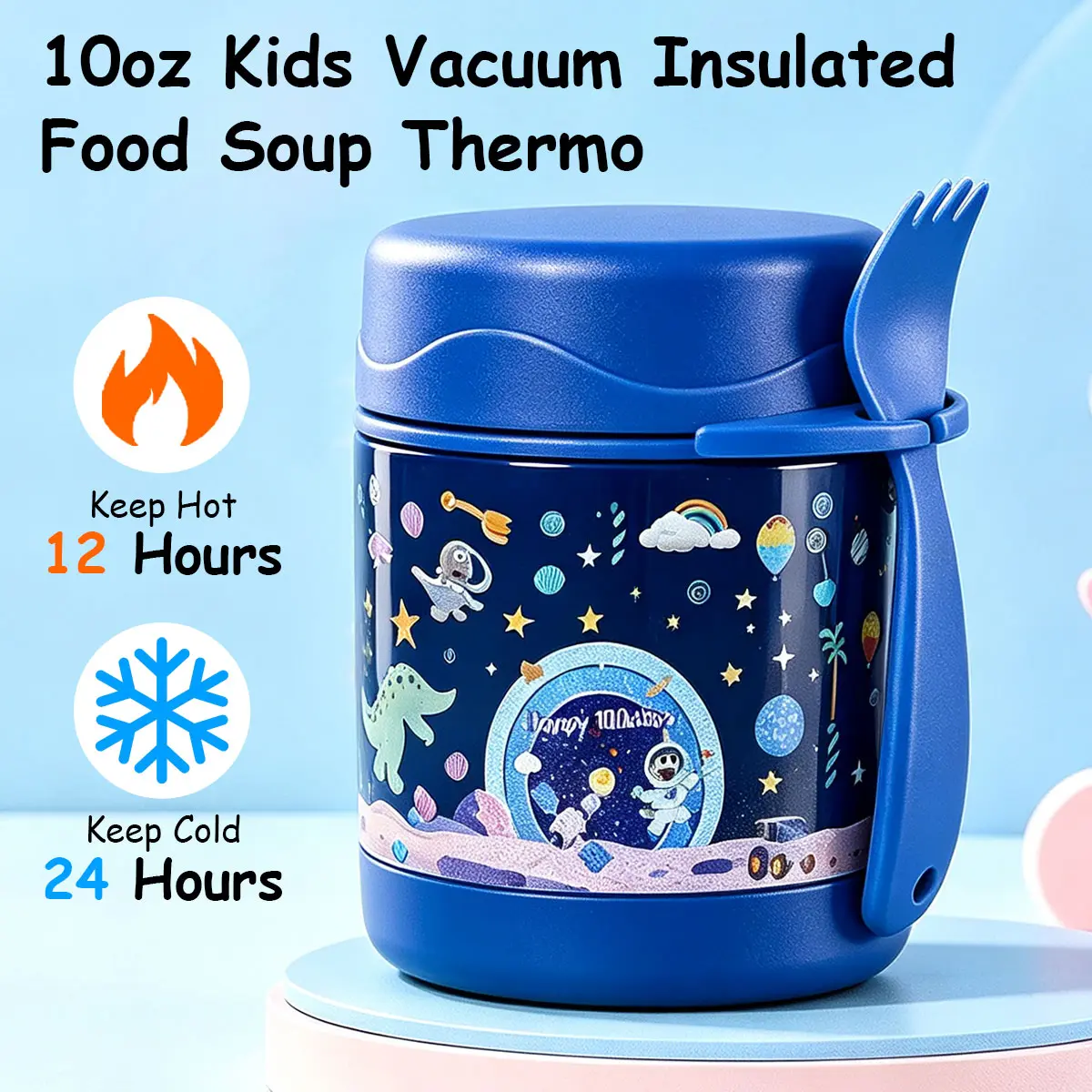 10oz Kids Food Thermos, Stainless Steel Insulated Food Jar with Spoon, Wide Mouth Leakproof Lunch Container for Hot & Cold Food, School Lunch, Travel & Back to School (Blue)
