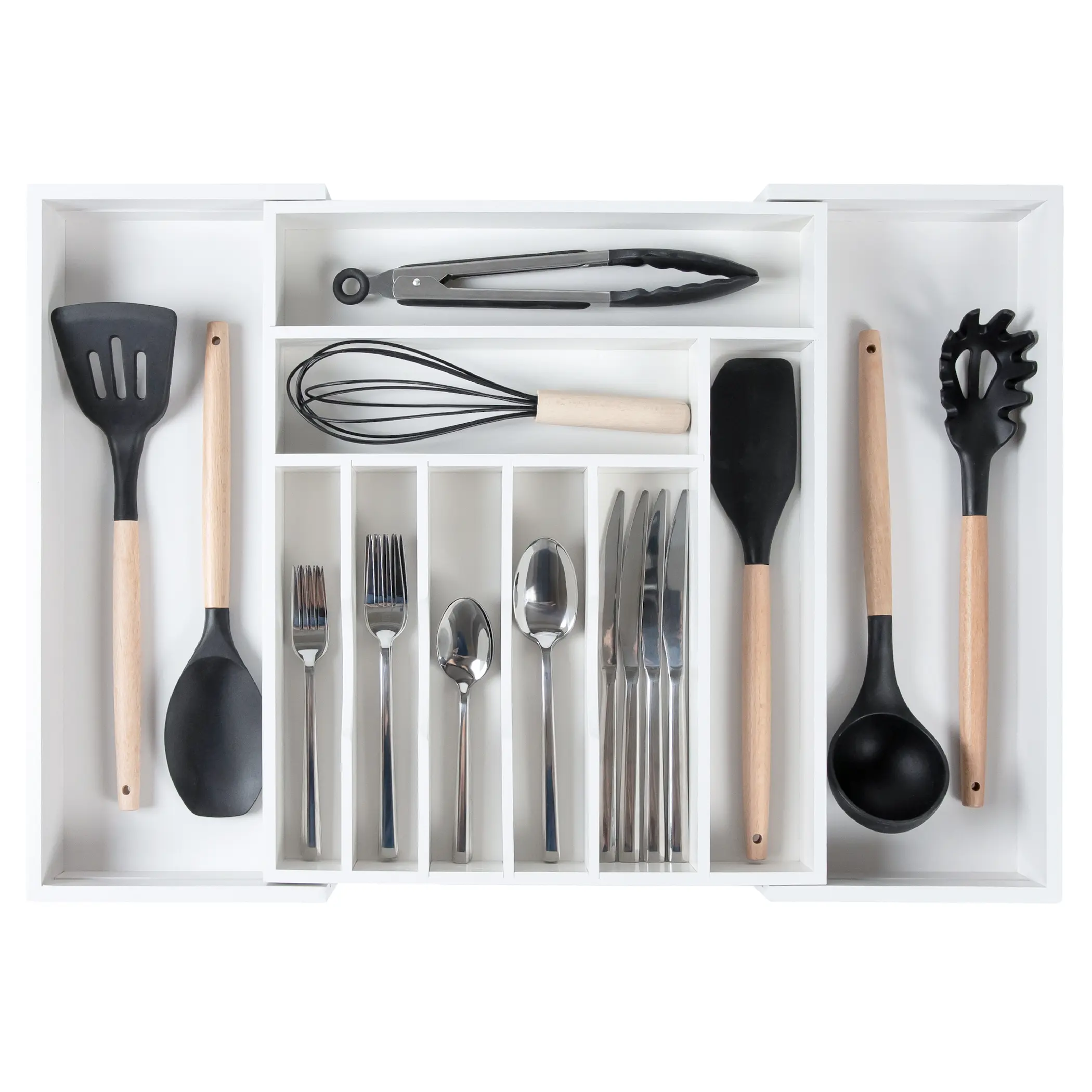 Premium Silverware, Flatware and Utensil Organizer for Kitchen Drawers, Food-Safe Contract Grade, Expandable from 14.5 to 25 In, White Bamboo
