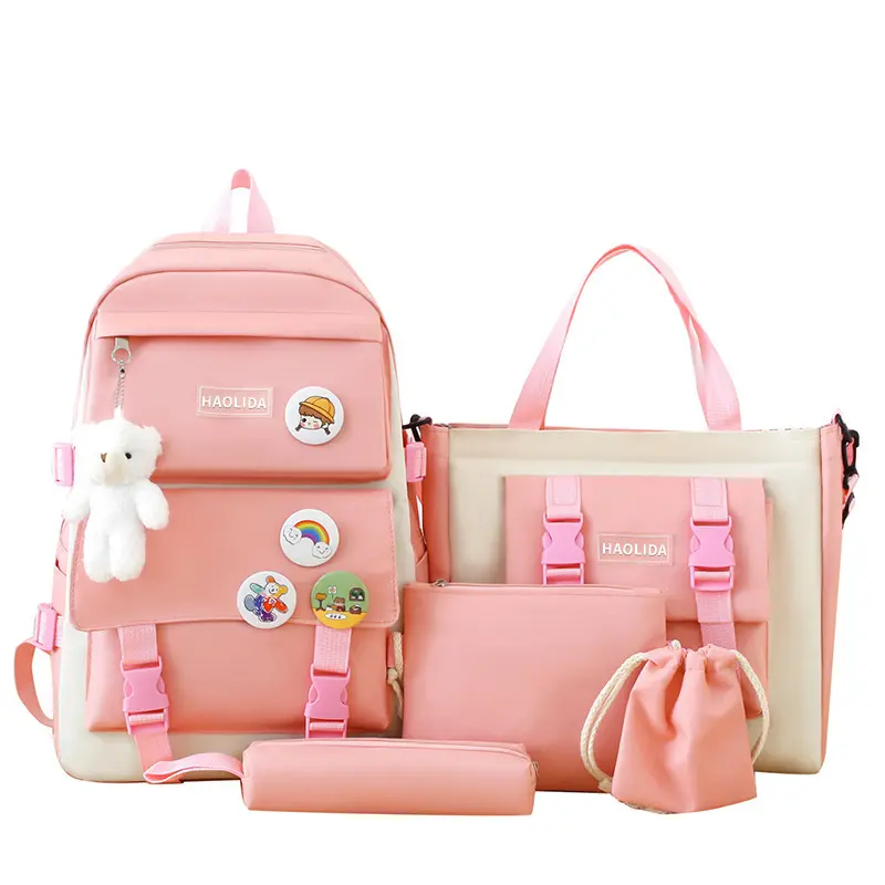 Pink five piece set+badge+teddy bear pen