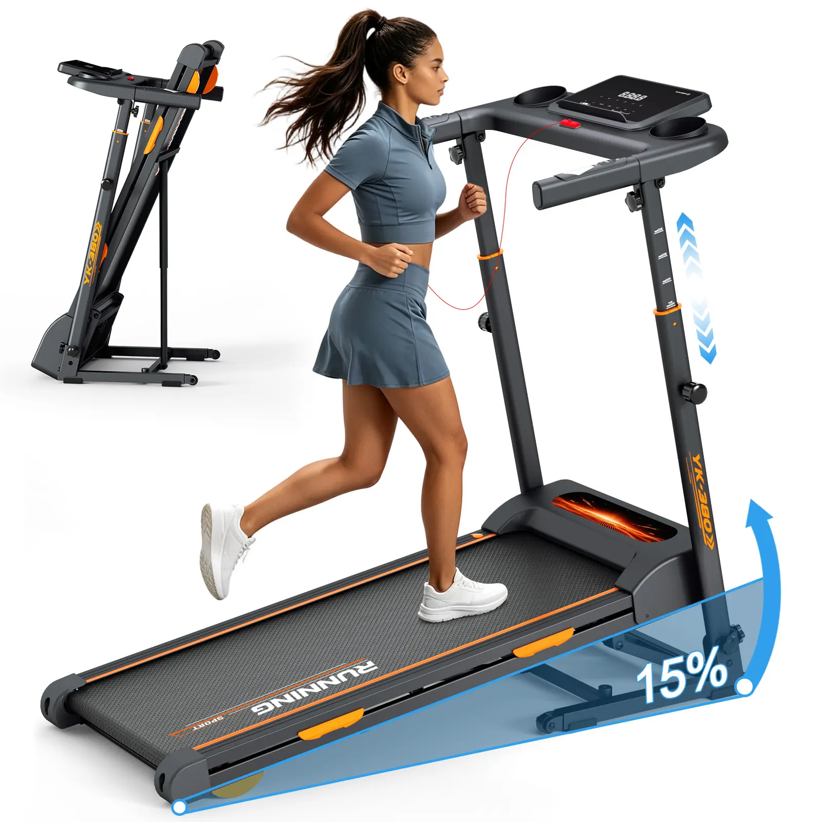 Vertical Folding Treadmill with Auto Storage, 15% Auto Incline, 3.0HP Quiet Brushless Motor, 300 lbs Capacity, Bluetooth & Smart App, Heart Rate Monitor, HD Touchscreen, 8 Shock Absorbers, Multi-Function Desk, Compact Walking Pad for Home & Office