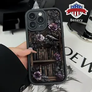Soft Case for iPhone 16 15 14 Pro Max 13 12 11 XR XS Plus E Floral Bookshelf TPU Bumper Camera Lens Protection Rugged Durable Phone Cover for Girl
