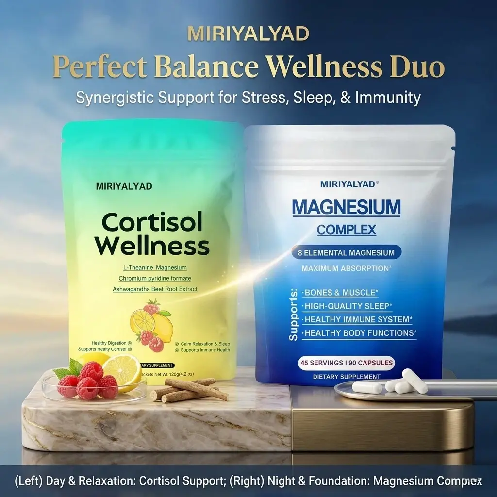 MIRIYALYAD Perfect Balance Duo Supplement Bundle - Mood Enhancer Vitamins, Multi-Supplement Powder, Daily Calm Support, Nighttime Magnesium Support, Mood Enhancer Vitamins Supplements, Multi-Supplement Powder Vitamins Supplements