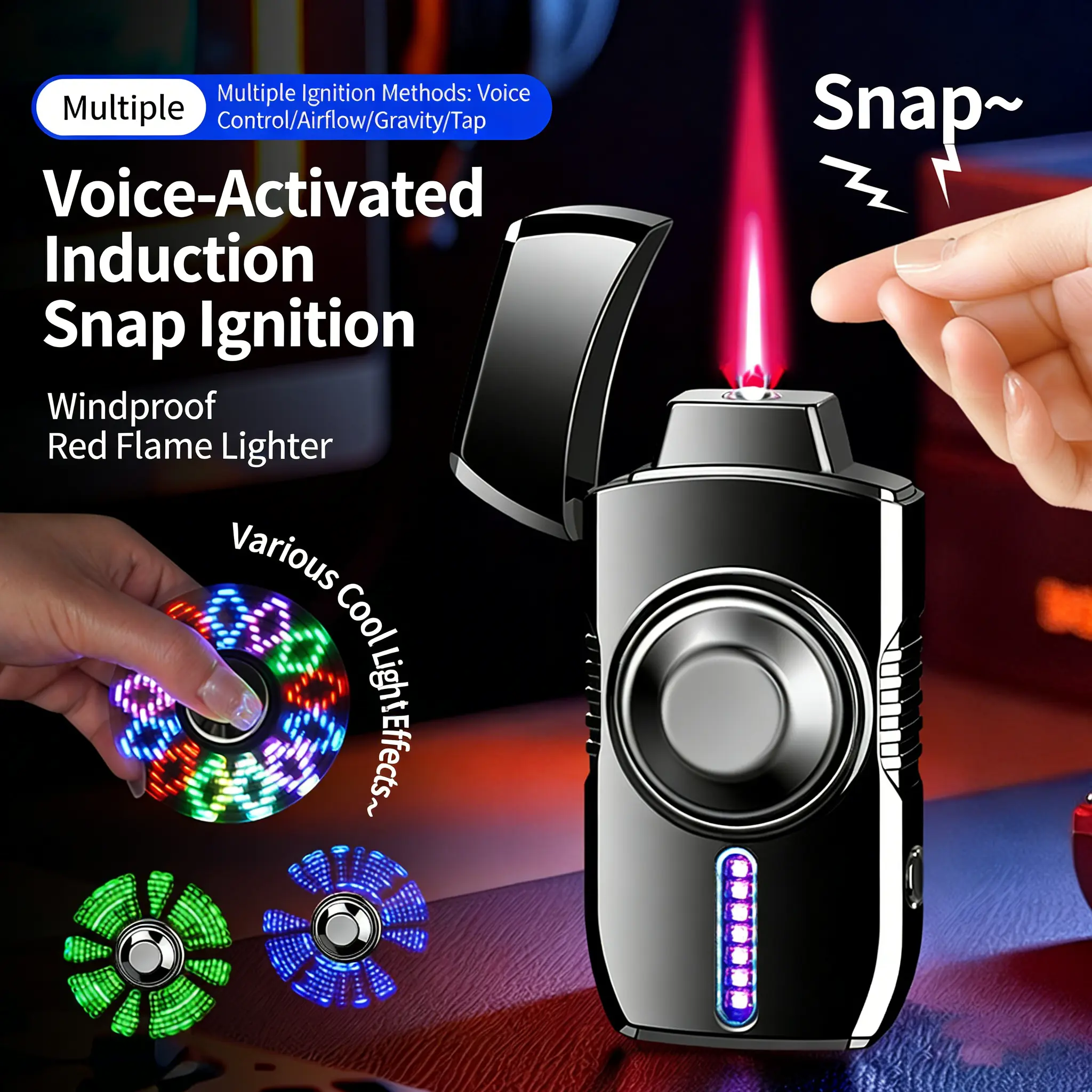 Voice-Controlled Spinner Lighter Gadget – USB Rechargeable, 4 Modes, Waterproof, Tech Gadget for Outdoor BBQ & Stress Relief, Boyfriend Gift (Without Fuel), Gadgets, Tech Gadgets