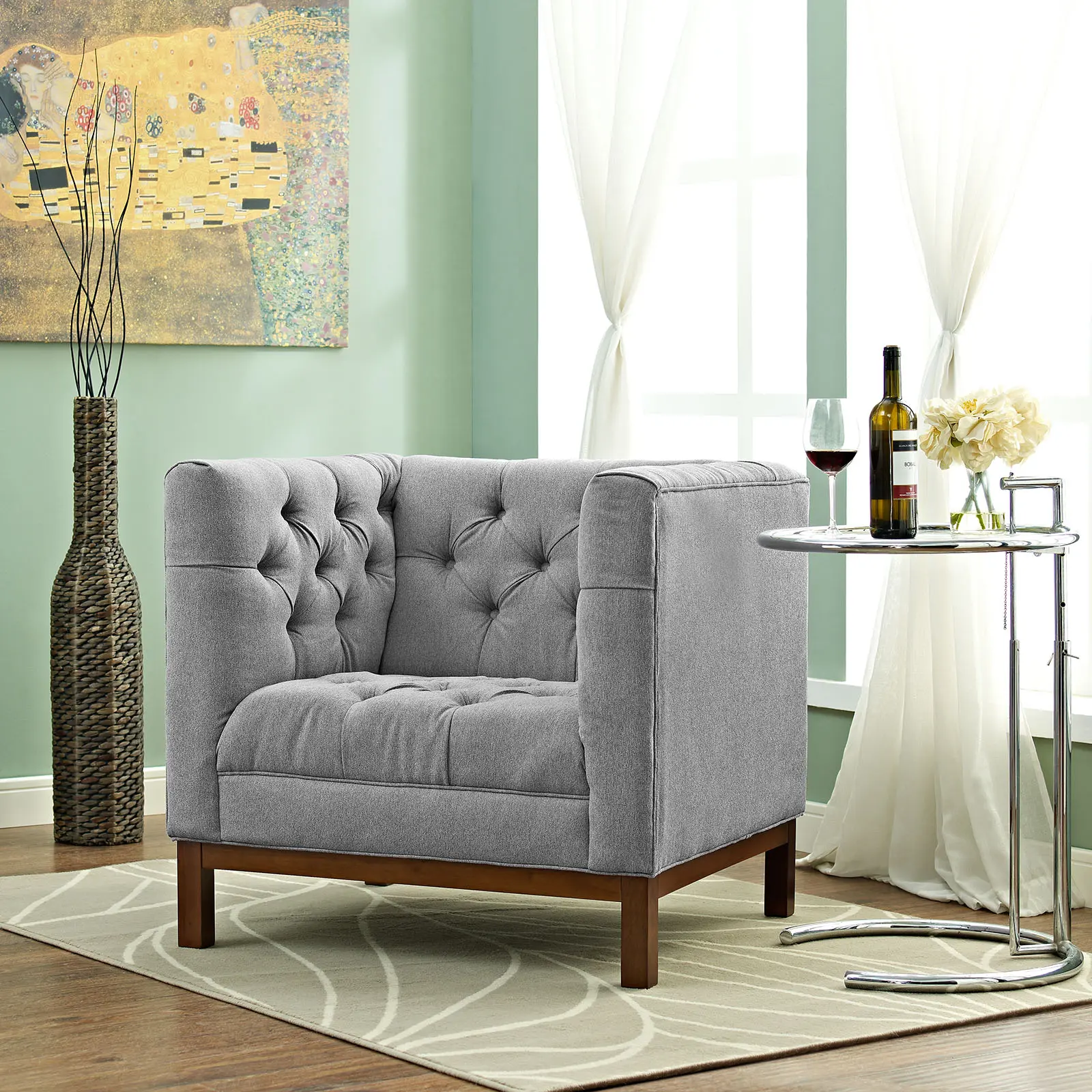Modway Panache Comfy Reading Chair - Midcentury Modern, Retro, Solid Wood Legs, Tufted Buttons, Upholstered Fabric, Single-Seat Armchair for Meeting Area in Expectation Gray, Vintage
