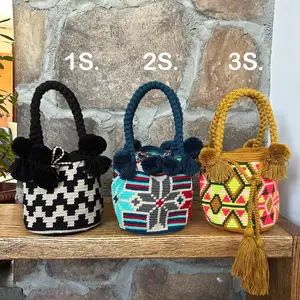 Assorted mini wayuu bags crossbody colombian bags hand knitted mochila short handle with pom poms