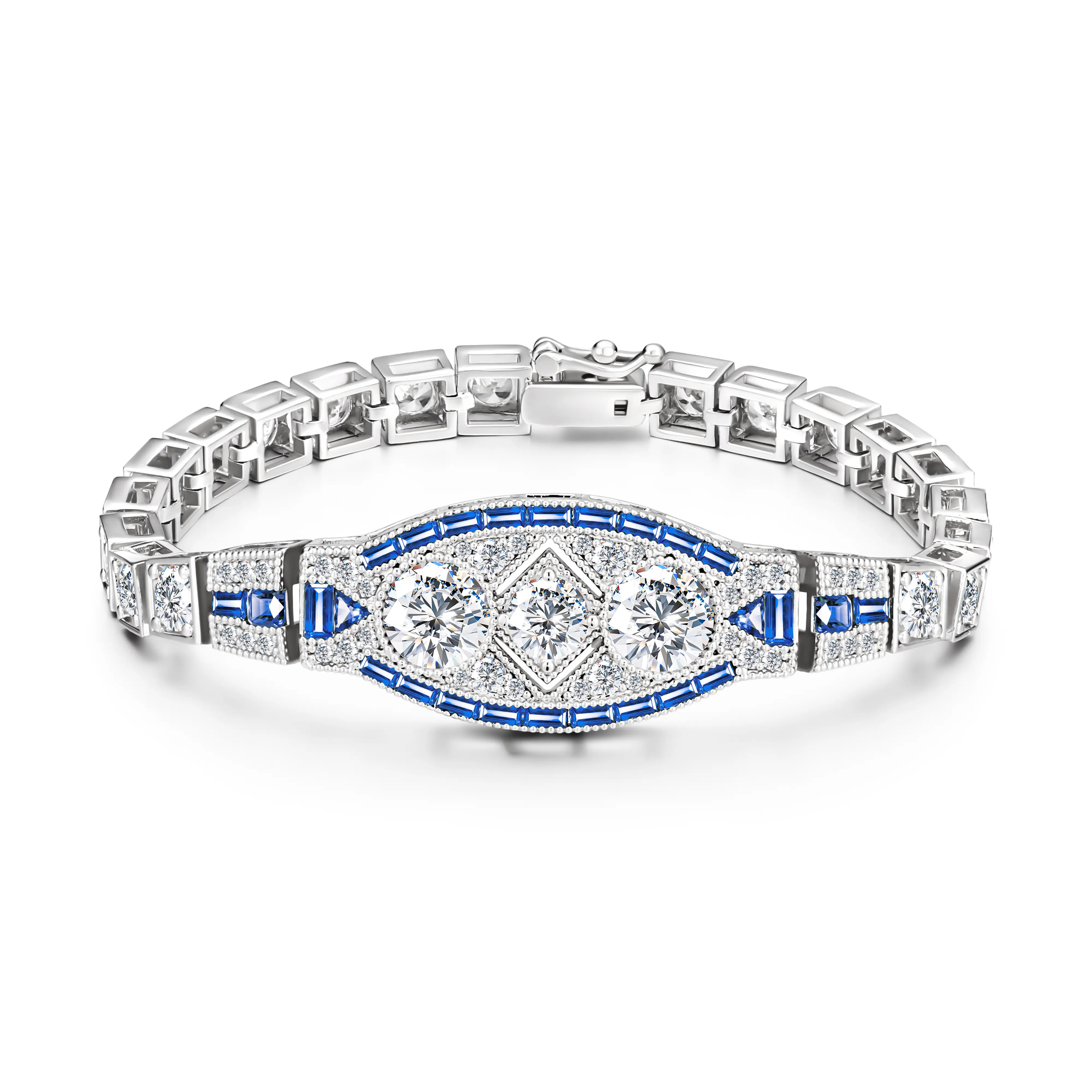 Royal Blue Art Deco Vintage Silver Art Deco Tennis Bracelet with geometric rectangles and white/green/blue sapphires—the perfect gift for women’s jewelry, birthdays, or holidays.