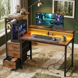 Modern Gaming Desk with Monitor Stand Dresser LED Lights, Built-in Power Outlets USB Charging Station, Home Office Computer Desk with Storage Drawers, PC Tower Stand Headphone Hook, Multi-Functional Workstation for Bedroom Living Room Study