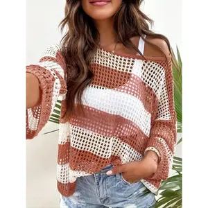Women's striped printed hollow transparent sweater, spring and autumn casual long sleeved boat neck pullover, women's knitted top, women's knitted products, women's sweater, women's top