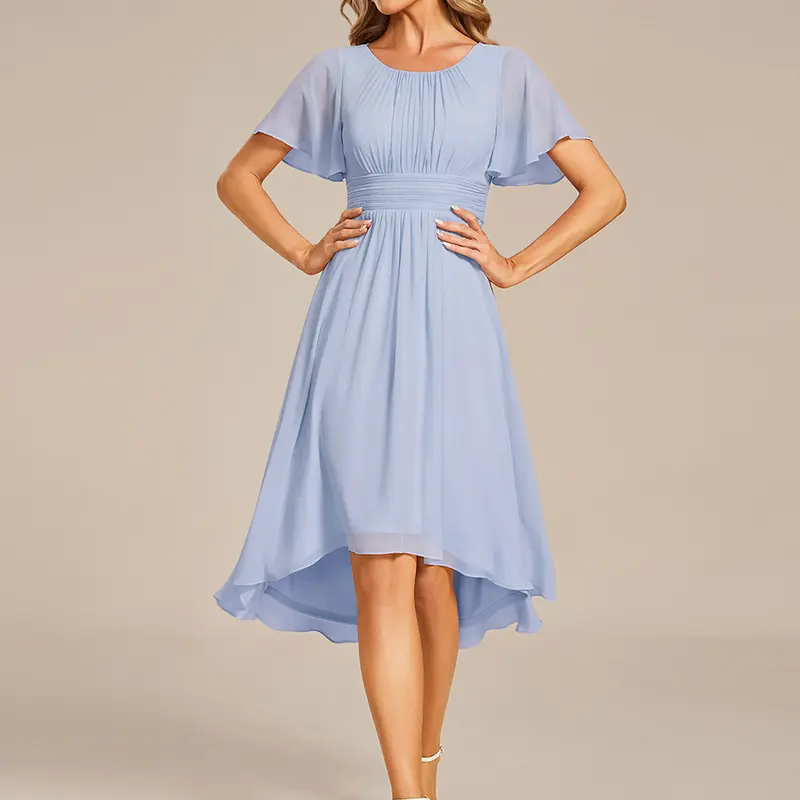 Ever-Pretty 2026 Fall Chiffon Fabric Women's Wedding Guest Dress - Round Neck, Short Sleeve, Flowy A-Line, Knee-Length, Ruffle Garment Statement Piece, Fit for Baby Shower, Anniversary, Style 02053