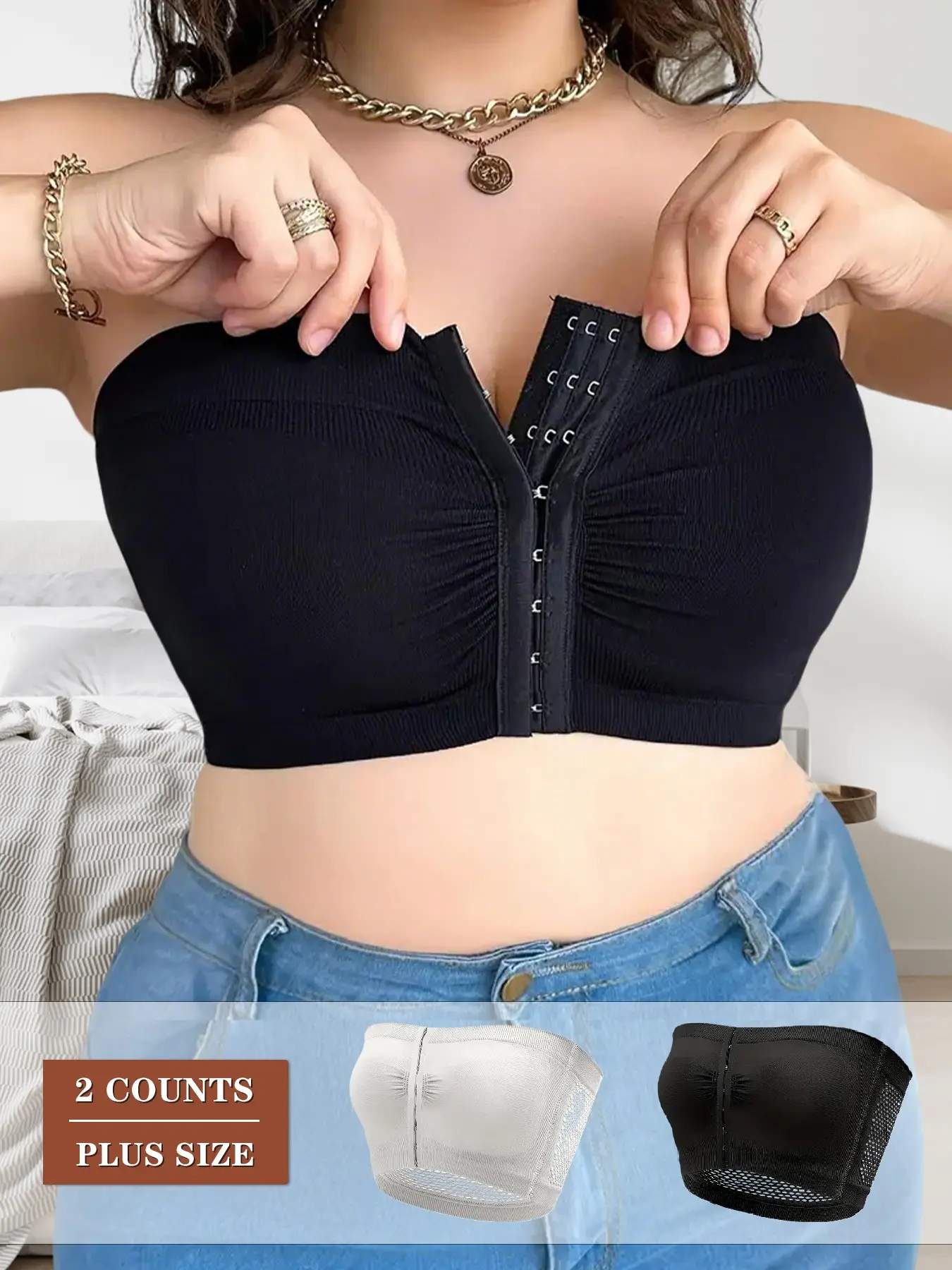 1/2/3/5pcs Supportive Plus Size Bandeau Bra with Adjustable Front Buckle | Stay-Up Strapless Bra for Curvy Women Chic