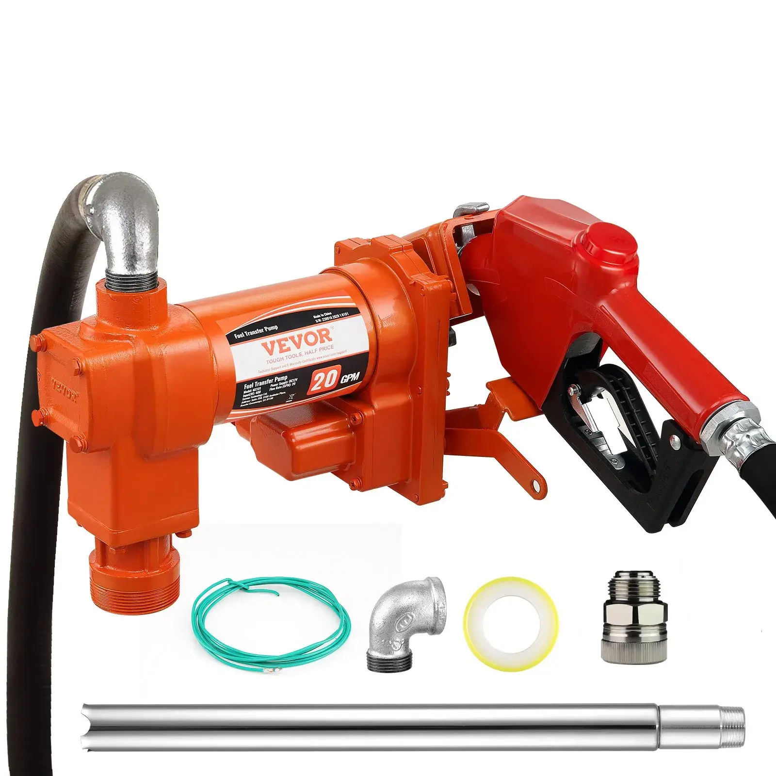 【summerfinds】VEVOR Fuel Transfer Pump, 12V DC 20 GPM 1/4 HP, Gasoline Extractor Pump with Automatic Nozzle, Discharge Hose & Suction Pipe for Gasoline, Diesel, Kerosene, Ethanol & Methanol Blends, and Biodiesel