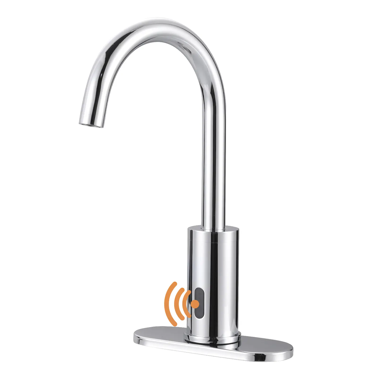 WOWOW Touchless Bathroom Faucet, Automatic Bathroom Sink Faucet with Deck Plate, Powered Touchless Single Hole Bathroom Faucet in Chrome