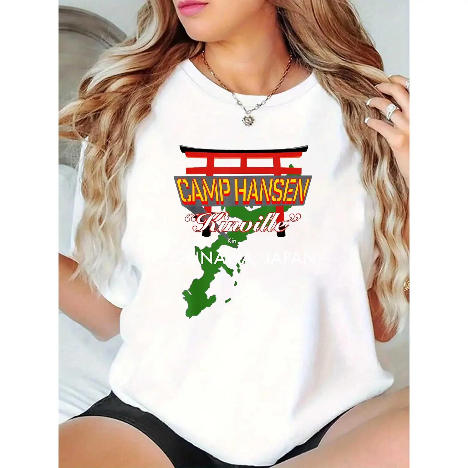 Women's White T-Shirt with Japanese Torii Gate, Green Okinawa Map, Camp Hansen Kinville Okinawa Japan Graphic | Casual Summer Top for Travelers, Okinawa Lovers & Military Supporters 100% Cotton T-shirt