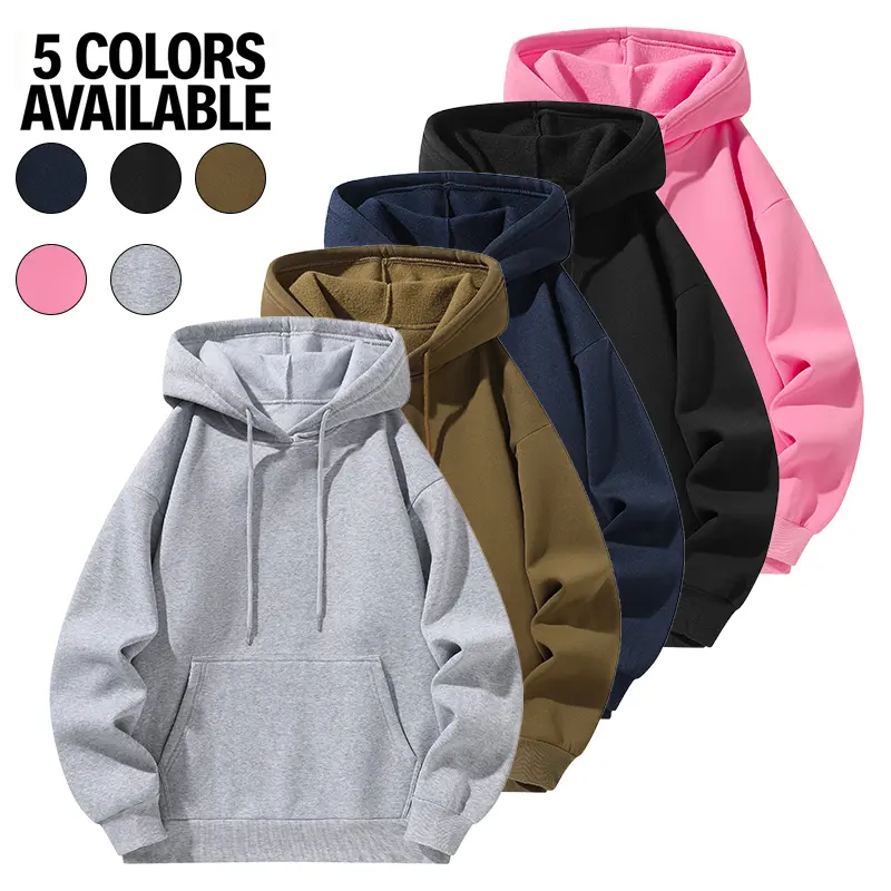 Men’s solid-color pullover hoodie, loose oversized fit, hood with metal drawstring closure, front kangaroo pocket, soft fleece fabric, everyday casual outerwear, available in 5 colors wardrobe winter male clothing style zip hoodies men