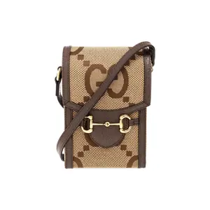 Women's Stylish Crossbody Bags - Gucci Jumbo GG Monogram Canvas and Leather Mini Bag with Horsebit Detail, Camel and Ebony, Adjustable Sling for Men