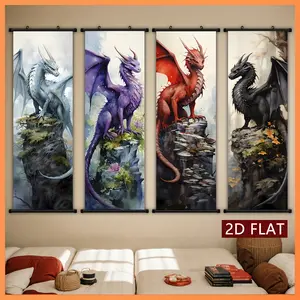 Four-Piece Framed Canvas Print Art Scroll Set, Fantasy Western Dragon Art, Perfect for Living Room, Bedroom & Wall Decor, Ready to Hang Gift