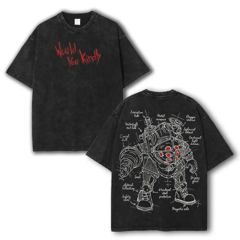 valentine shirts Bioshock would you kindly best daddy, horror fsp game movie Game Washed Tshirt 2 Sided Cotton unisex Streetwear Tops 90s graphic tees unisex game day trendy game day Casual Menswear cotton t-shirt gift