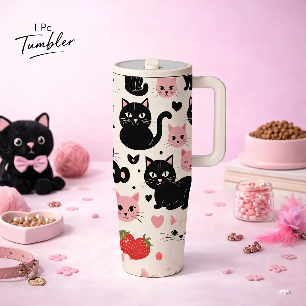 1 Pc 40oz insulated tumbler with handle, Stainless steel tumbler, vacuum cup, leak-proof lid with straw, keeps drinks hot 12h cold 24h, cute cat print, travel mug, reusable coffee tumbler, gift for women men, daily use cup