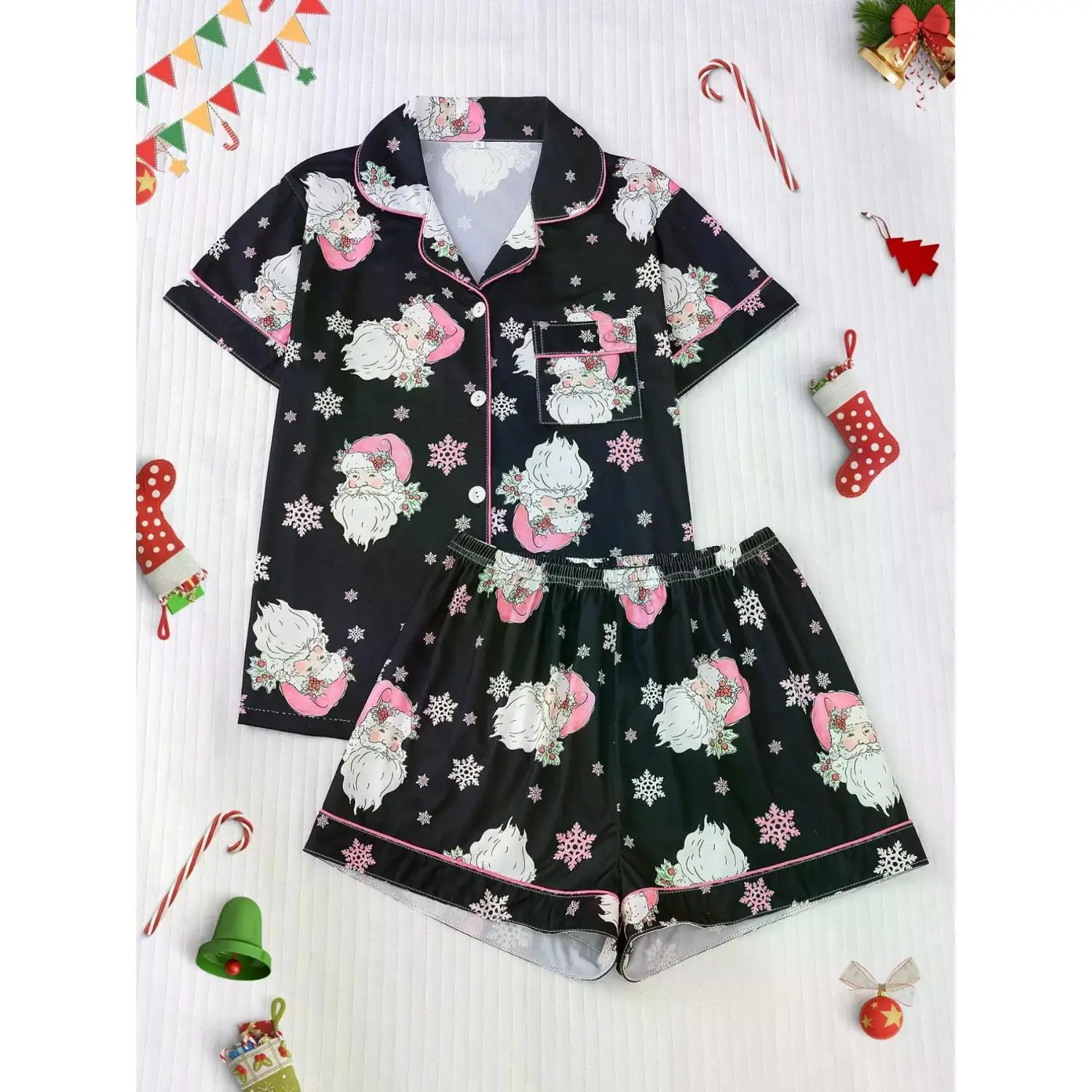 Women's Christmas Pajama Set - Soft Collared Top & Elastic Waist Shorts, Festive Holiday Sleepwear & Casual Loungewear
