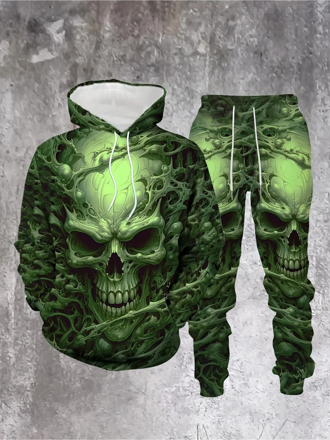 Dark fluorescent green skull boxy hoodie 2-piece set Casual Streetwear Outfit Set autumn and winter new outdoor street men's clothing