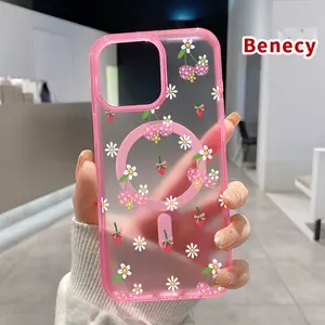 Magnetic Soft Case for iPhone 15 16 14 Pro Max 13 12 11 XR XS Plus E Cherry Strawberry Delight Pattern Shockproof ultra-thin Silicone Crystal Transparent Protective Cover Supports Wireless Charging